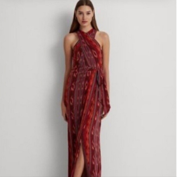 Lauren Ralph Lauren NWT Geo Striped Georgette Halter Gown Maxi Dress Size 6 - Picture 2 of 16
